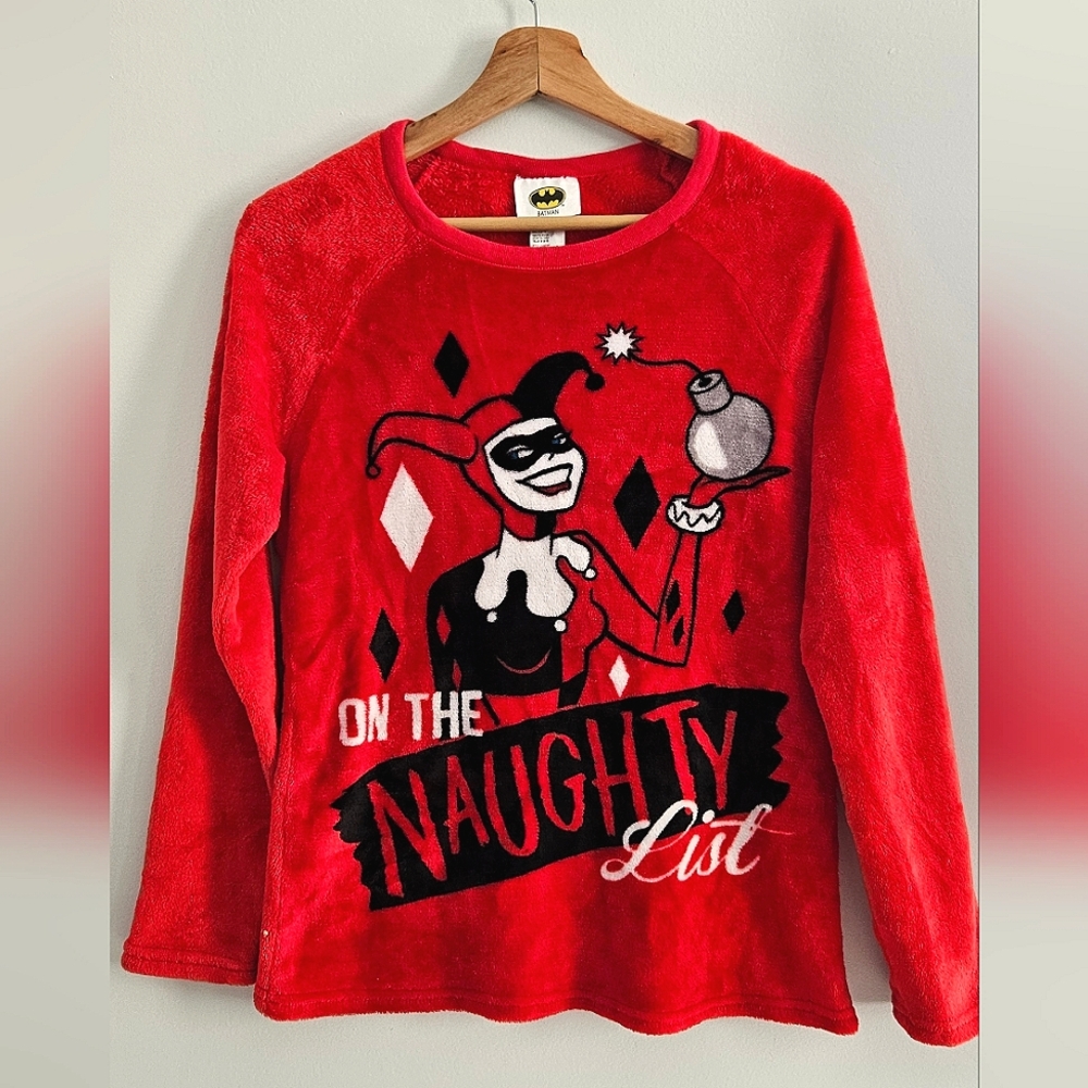 Batman Harley Quinn Fleece Pajama Top Size M (8-10) Lounge Wear On Naughty List